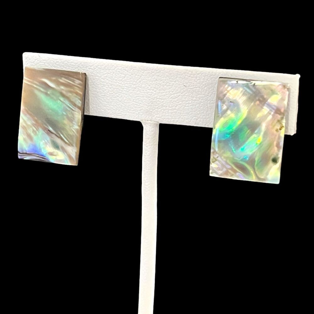 Vintage 1980s Clip On Earrings Abalone Shell Coastal Resort Gold Tone NOS - 3F
